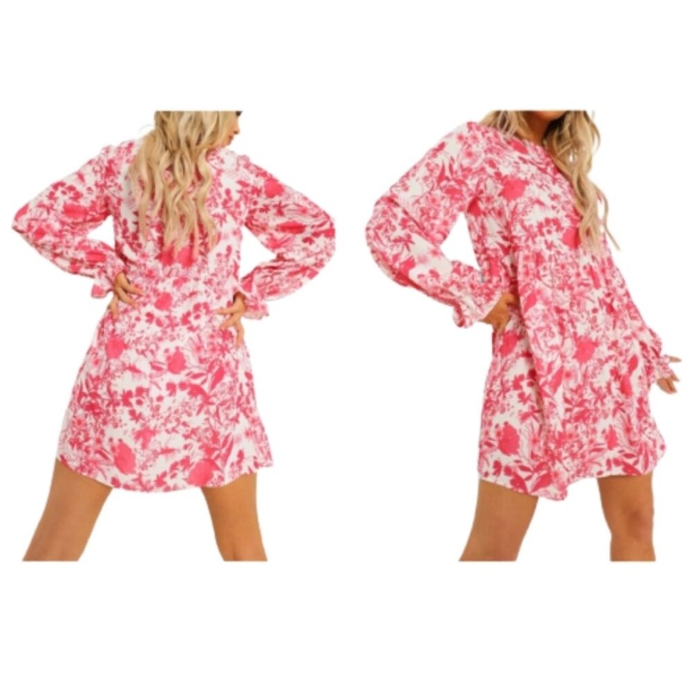 Boohoo Porcelain Frill Cuff Smock NWT Dress Floral Print White Red Long Sleeve